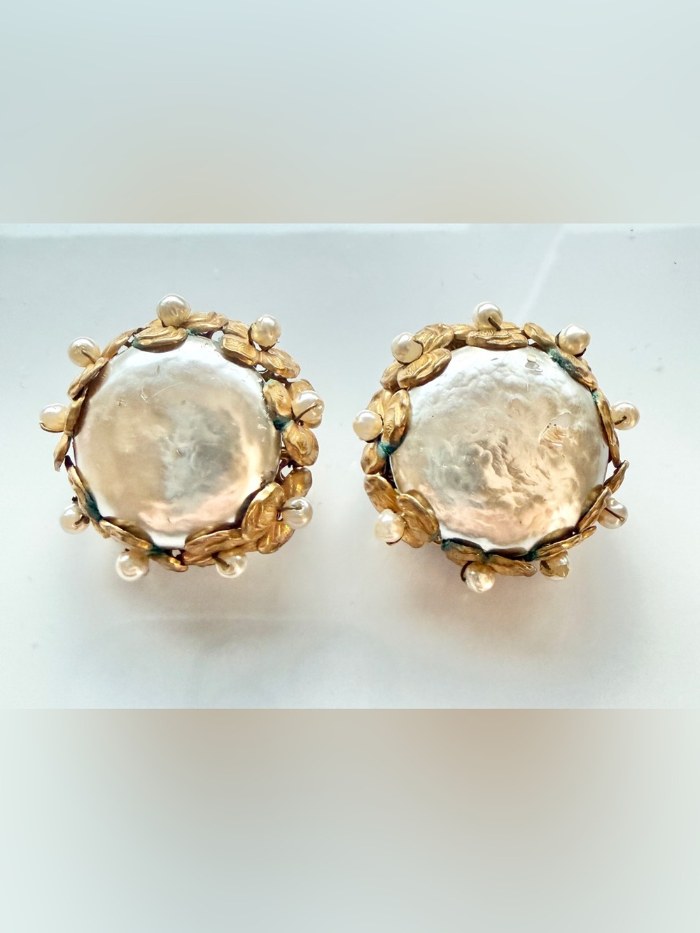 Vintage Miriam Haskell Faux Baroque Pearl Clip-On Earrings Gold Tone Signed